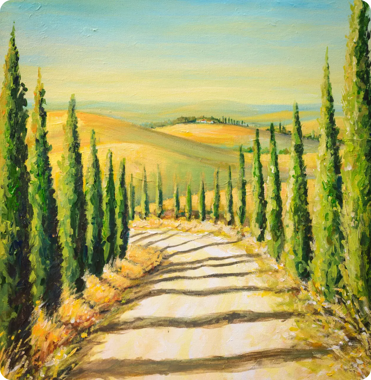 Cypress trees lining a countryside path